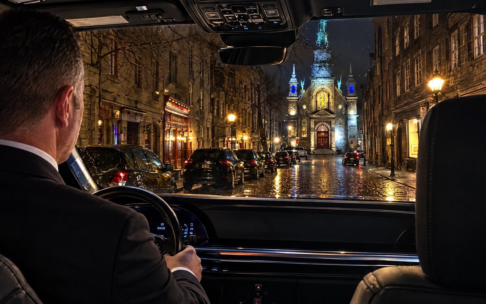 Chauffeur de MTL Prime Limos sur une rue pavée du Vieux-Montréal, en direction de la chapelle Notre-Dame-de-Bon-Secours, de nuit