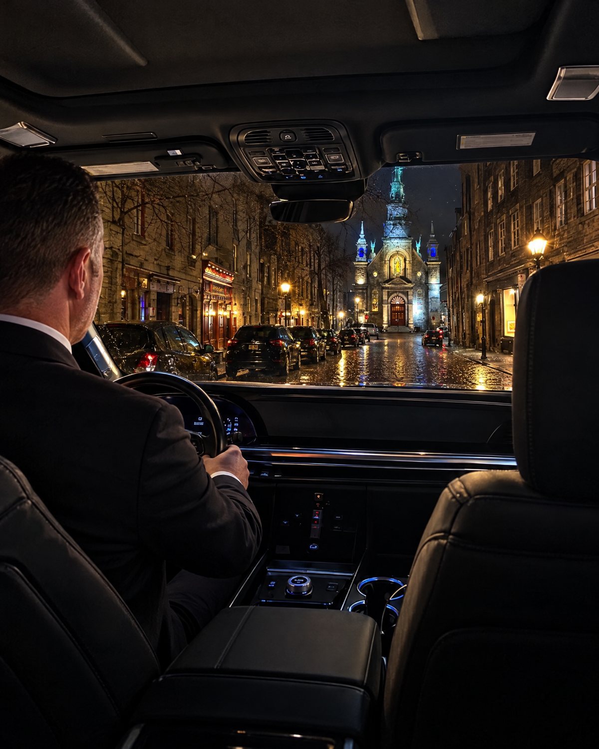 MTL Prime Limos chauffeur driving down a cobblestone street in Old Montreal toward Notre-Dame-de-Bon-Secours chapel at night